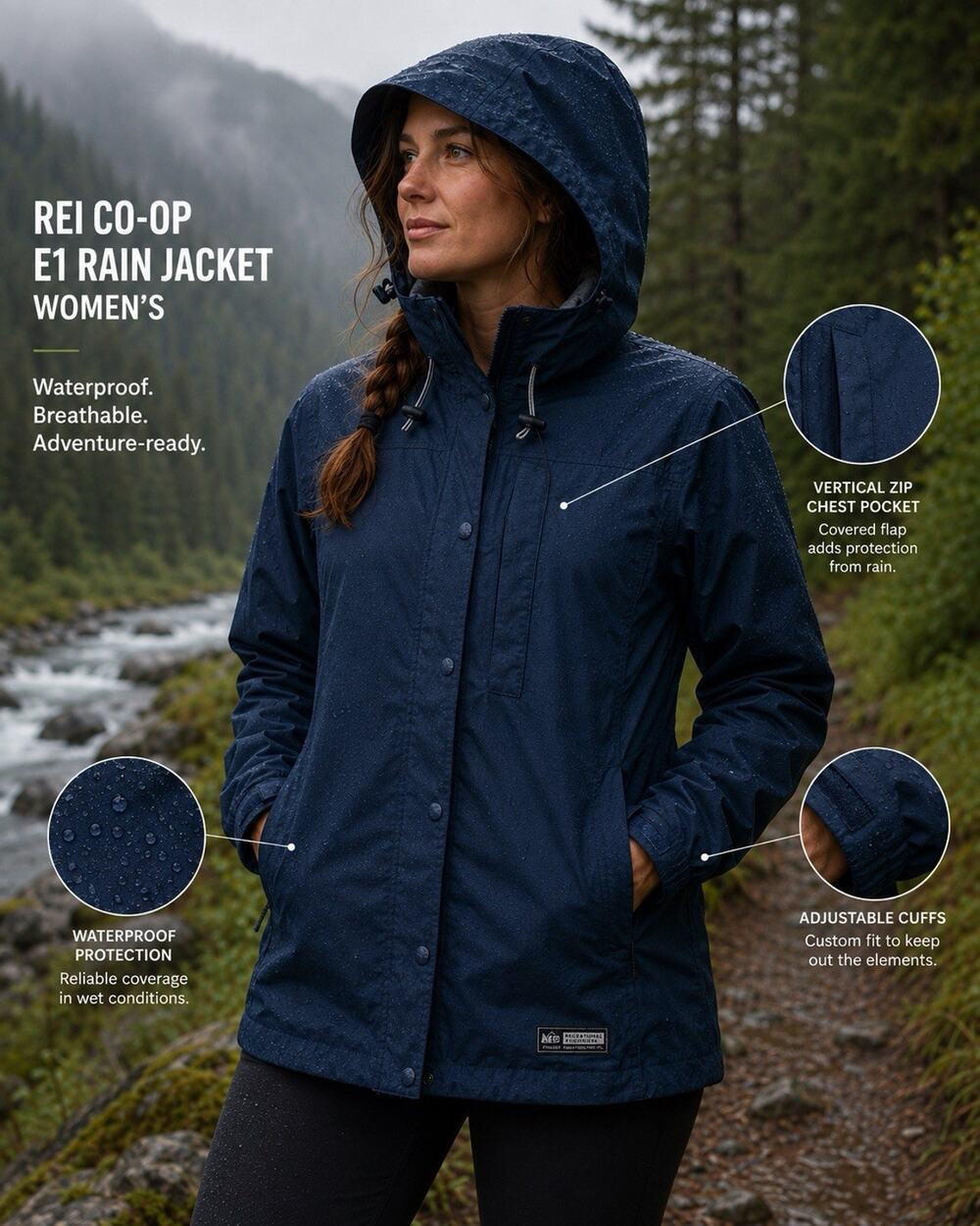 REI E1 Elements Women’s M Blue Hooded Rain Jacket Waterproof Nylon Coat